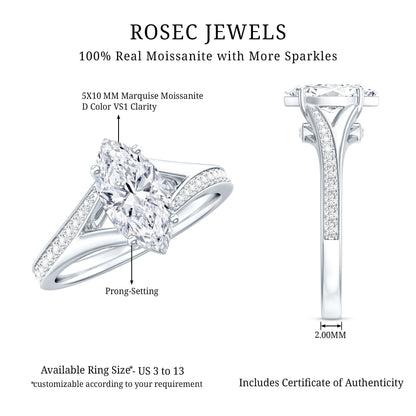 Marquise Cut Moissanite Solitaire Engagement Ring with Split Shank