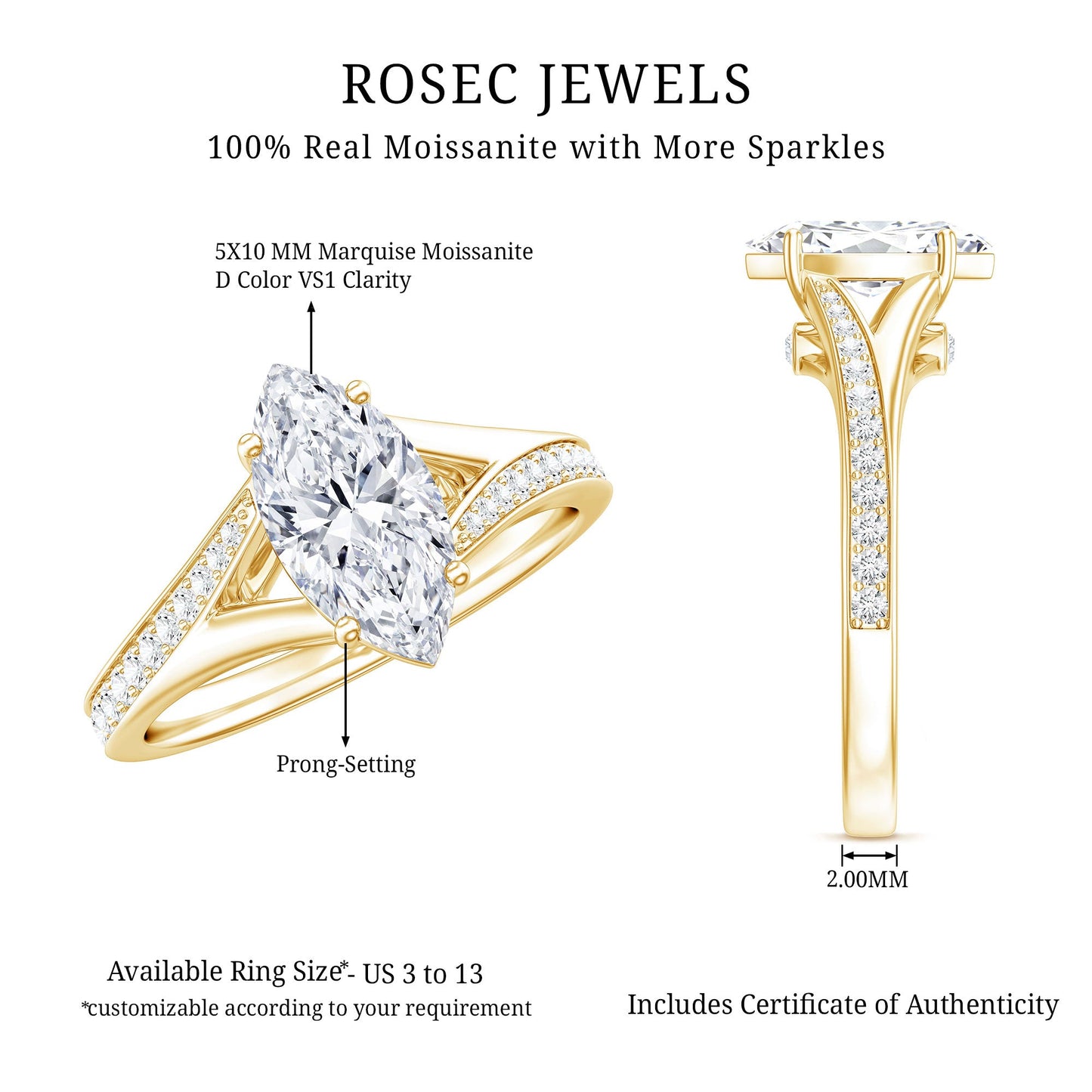 Marquise Cut Moissanite Solitaire Engagement Ring with Split Shank