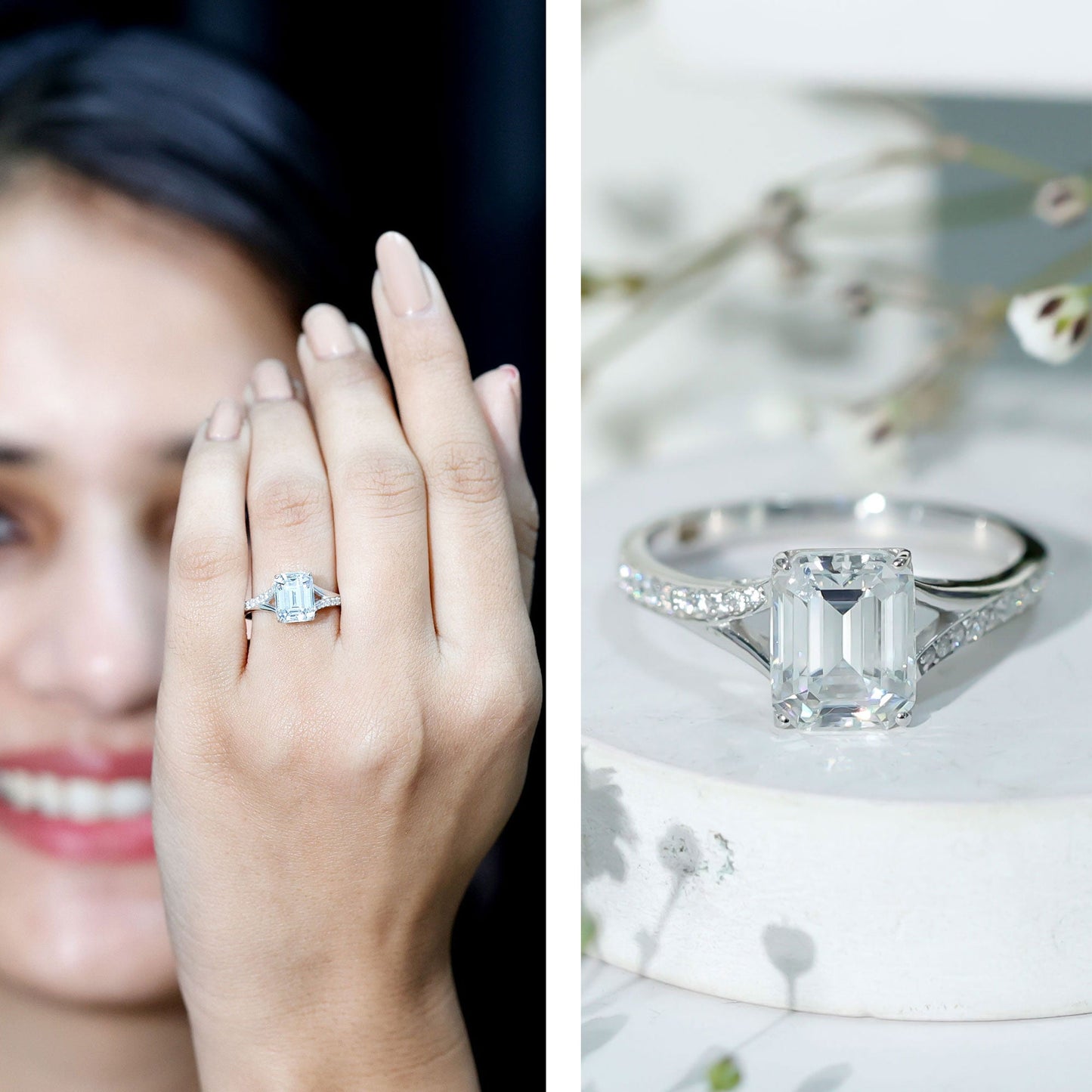 Emerald Cut Moissanite Solitaire Engagement Ring with Split Shank