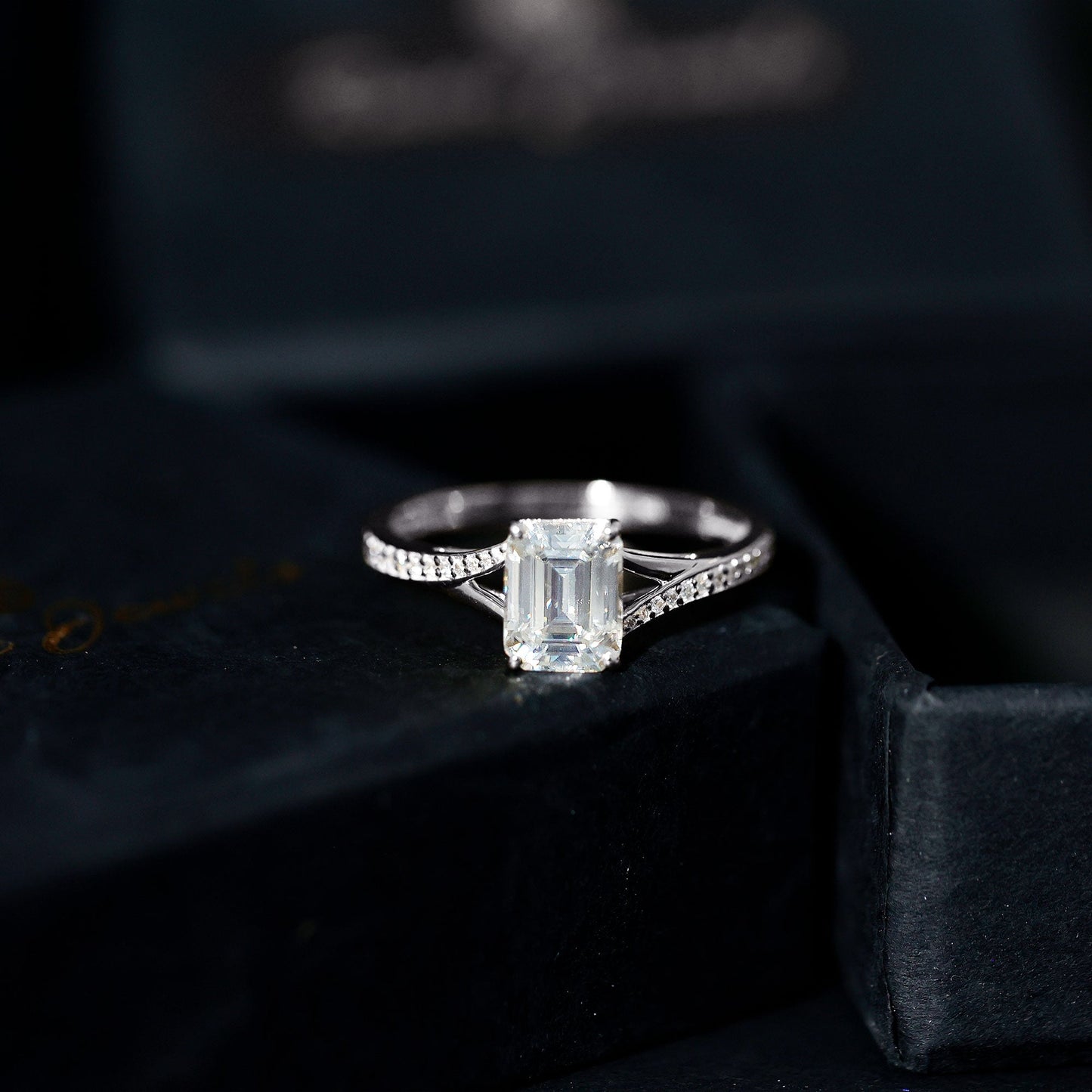 Emerald Cut Moissanite Solitaire Engagement Ring with Split Shank