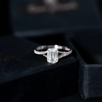 Emerald Cut Moissanite Solitaire Engagement Ring with Split Shank