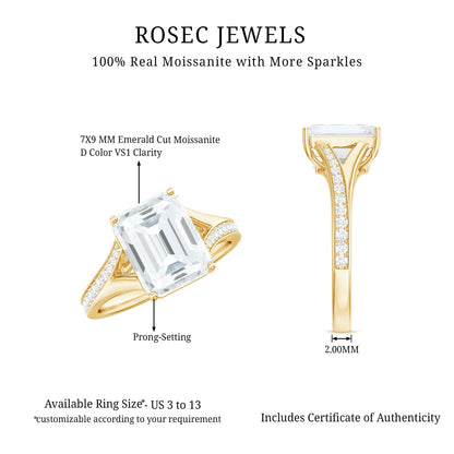 Emerald Cut Moissanite Solitaire Engagement Ring with Split Shank