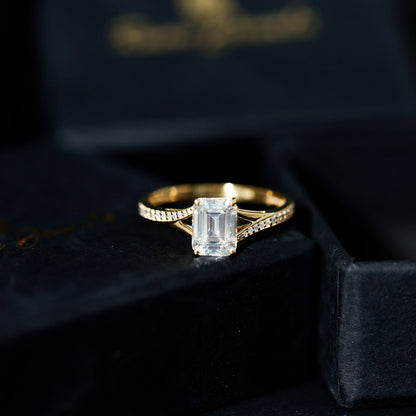 Emerald Cut Moissanite Solitaire Engagement Ring with Split Shank