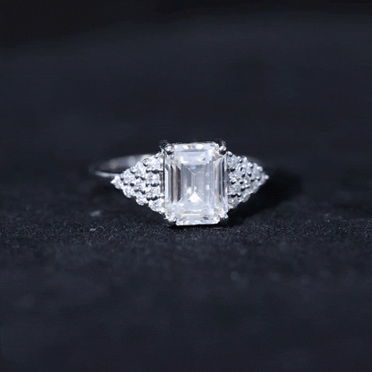 Certified Moissanite Emerald Cut Engagement Ring with Cluster Stones