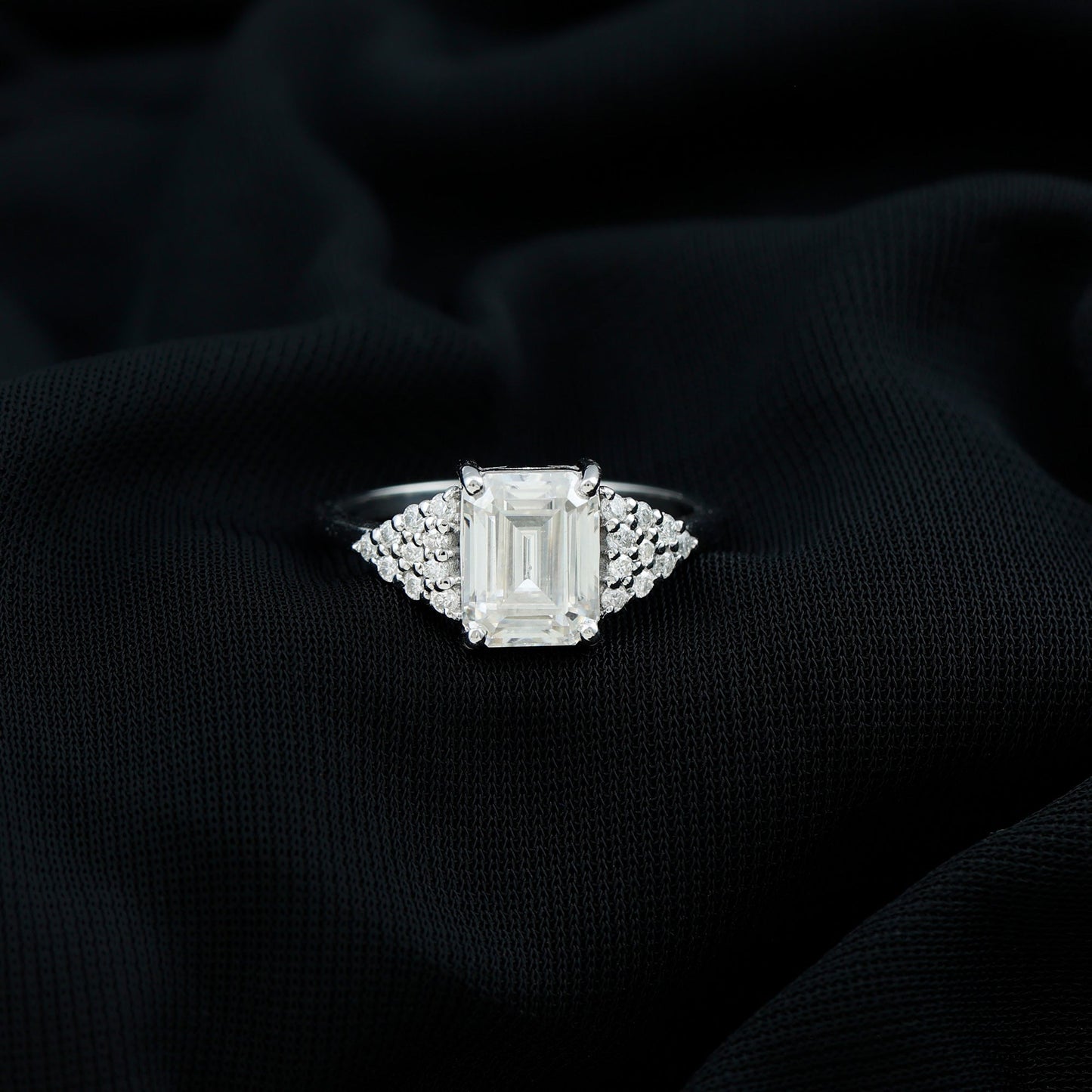 Certified Moissanite Emerald Cut Engagement Ring with Cluster Stones