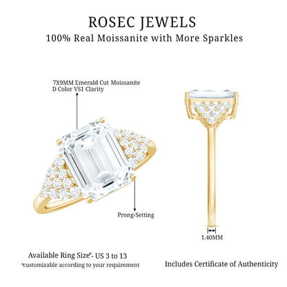 Certified Moissanite Emerald Cut Engagement Ring with Cluster Stones