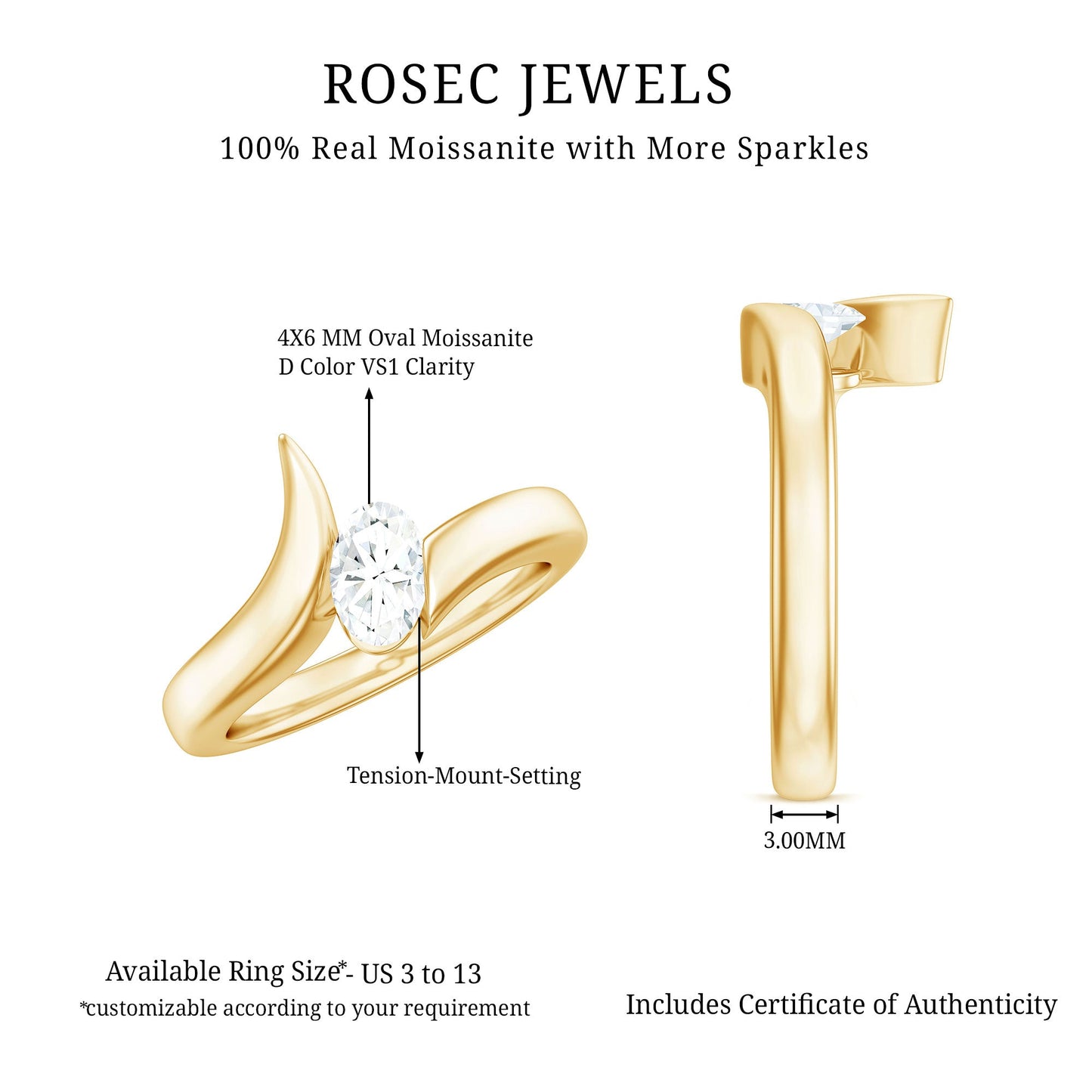 0.4 Carat Oval Cut Moissanite Solitaire Bypass Ring