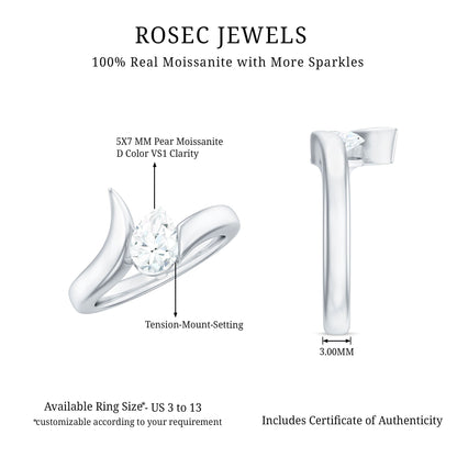 0.7 Carat Pear Cut Moissanite Solitaire Ring with Bypass Shank