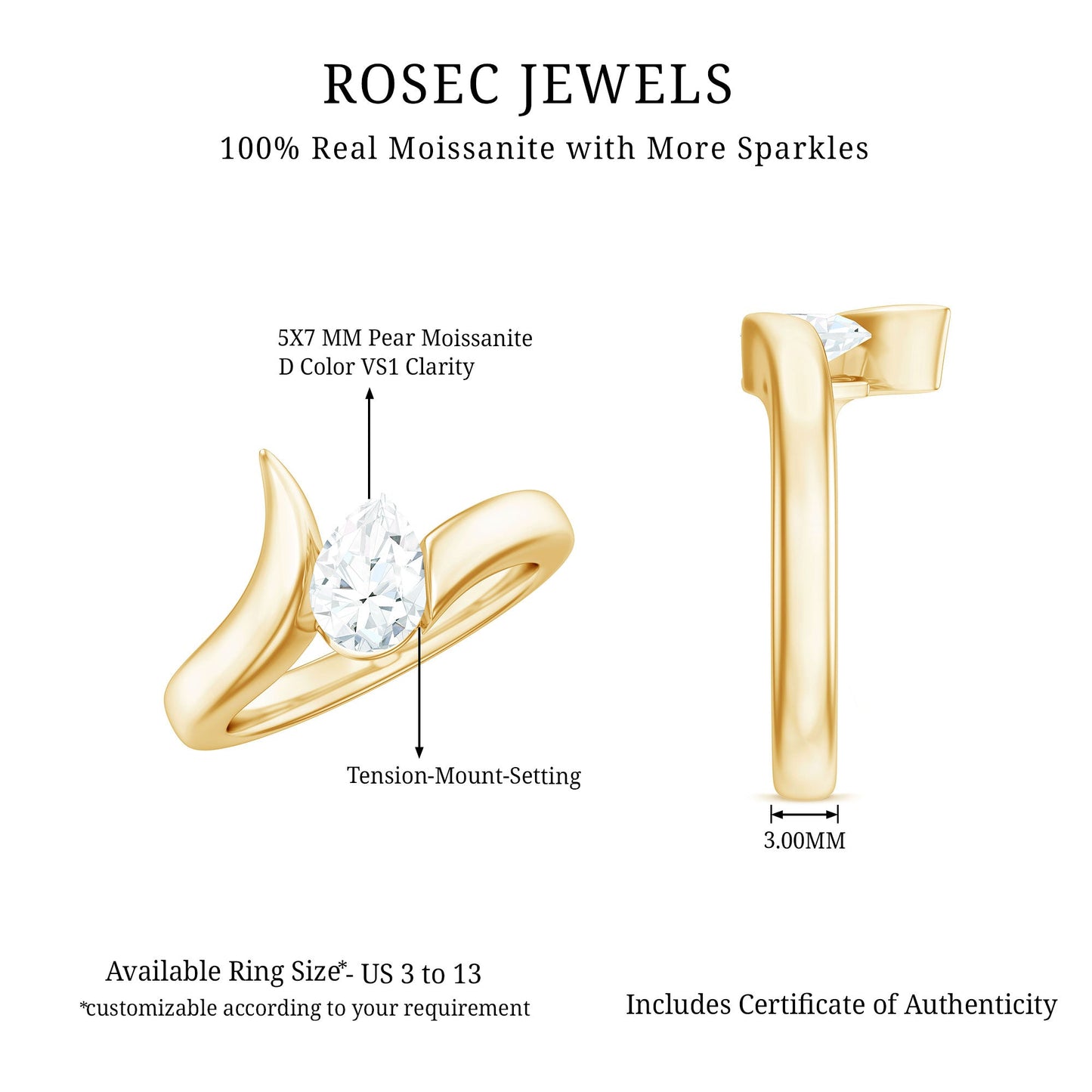 0.7 Carat Pear Cut Moissanite Solitaire Ring with Bypass Shank