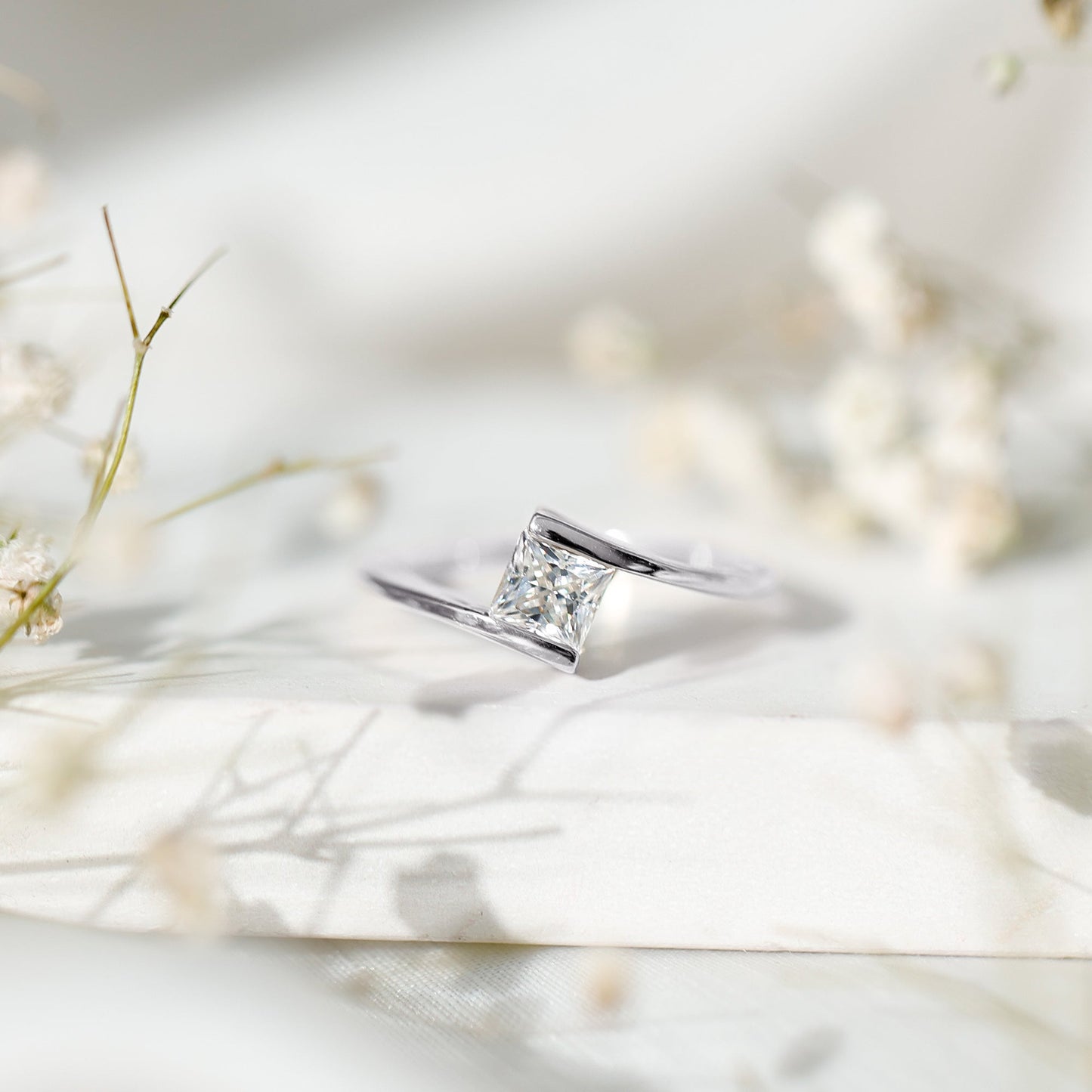 Classic Princess Cut Moissanite Solitaire Bypass Ring