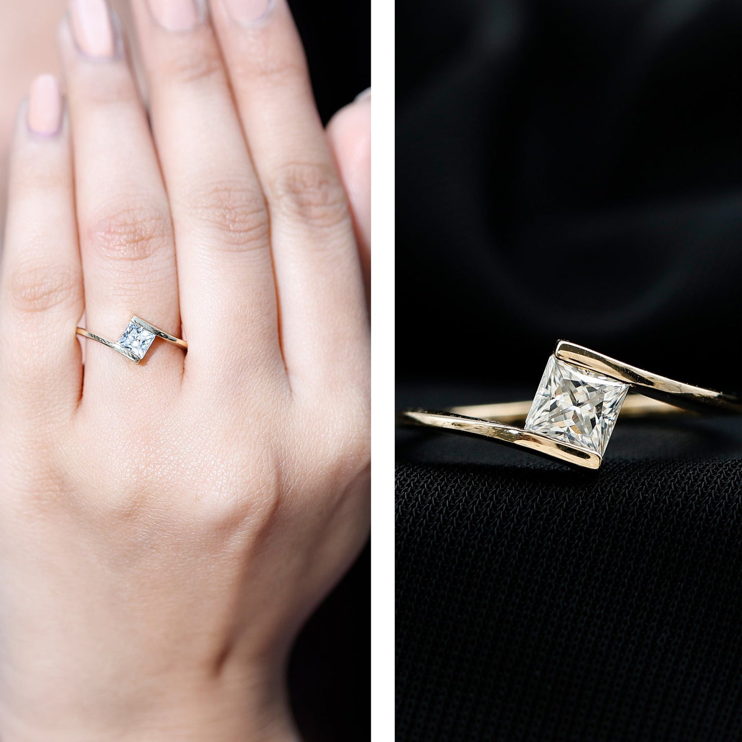 Classic Princess Cut Moissanite Solitaire Bypass Ring