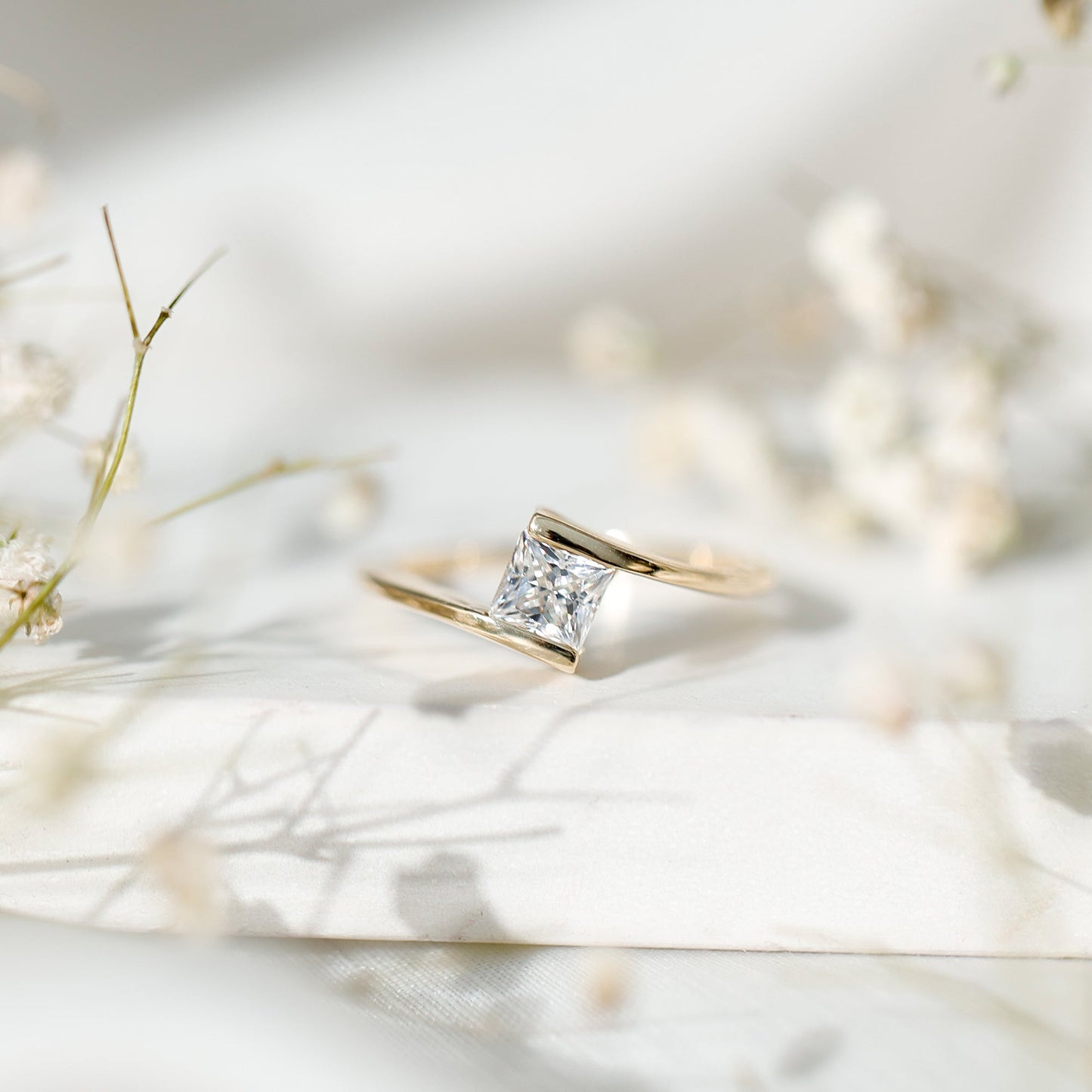 Classic Princess Cut Moissanite Solitaire Bypass Ring