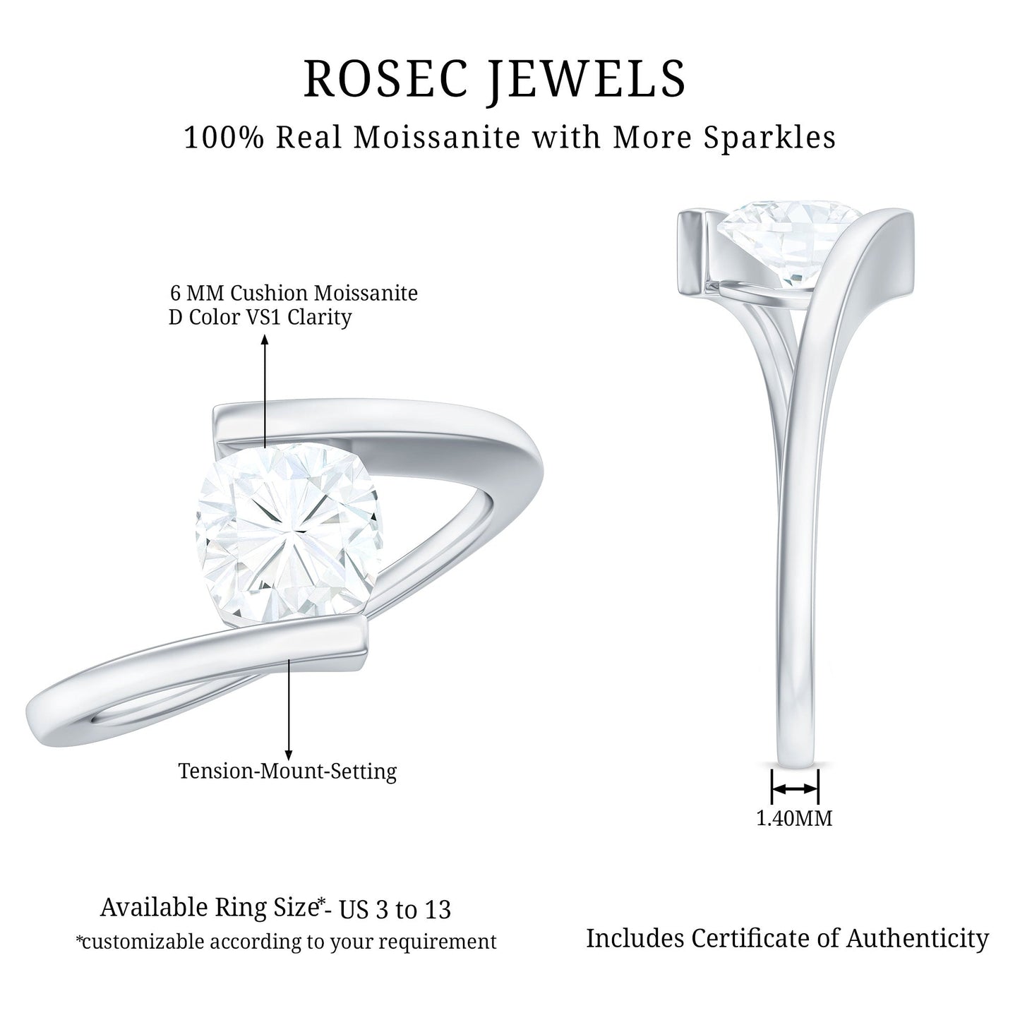 1.7 Carat Cushion Cut Moissanite Solitaire Engagement Ring