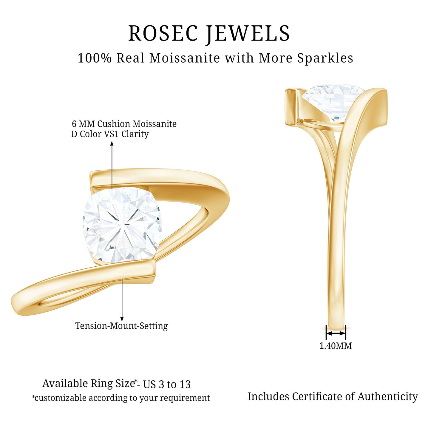 1.7 Carat Cushion Cut Moissanite Solitaire Engagement Ring