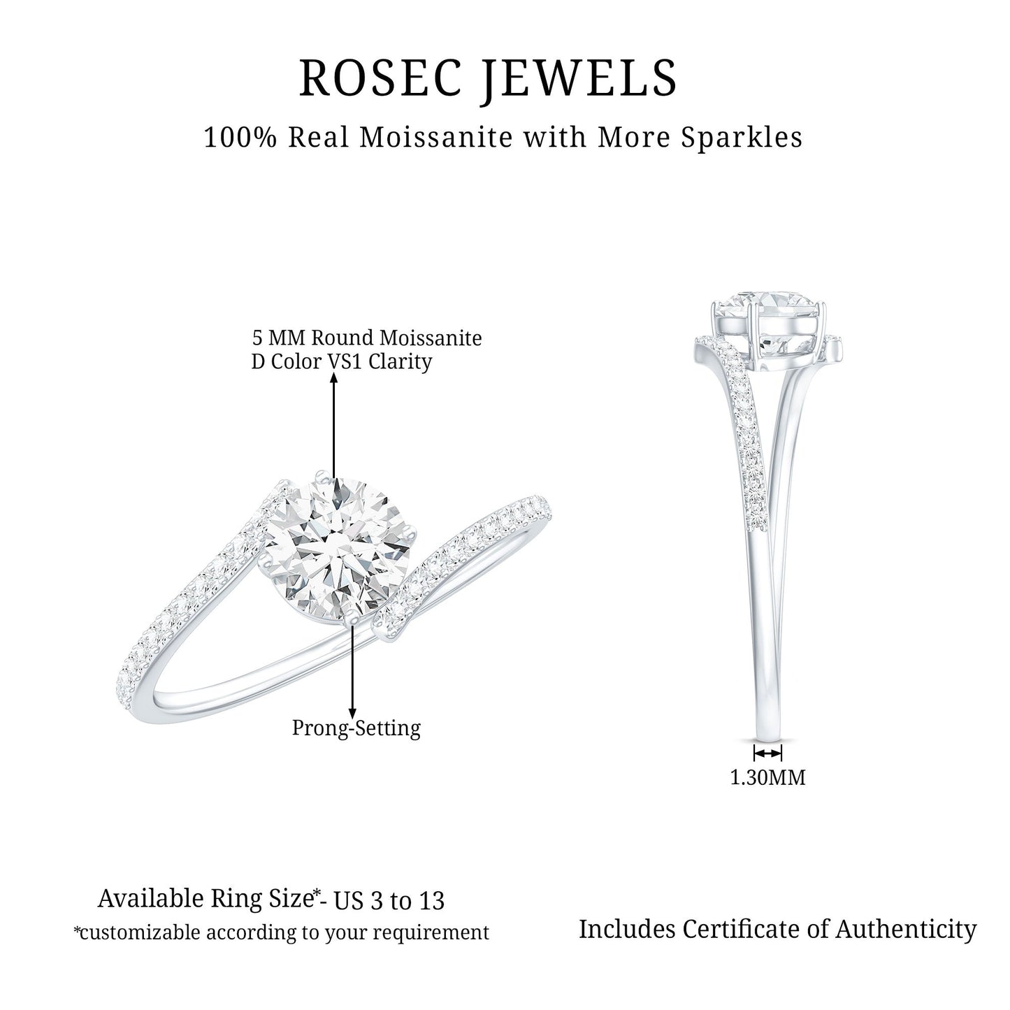 Certified Brilliant Cut Moissanite Solitaire Promise Ring with Bypass Shank
