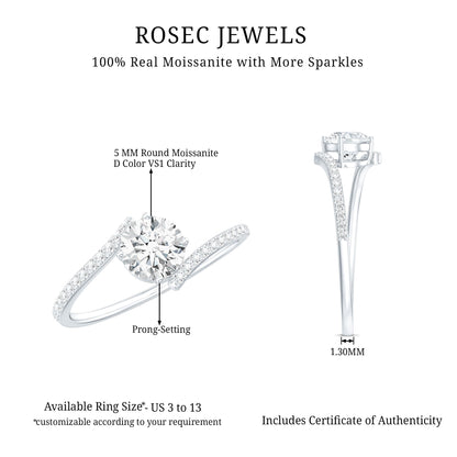 Certified Brilliant Cut Moissanite Solitaire Promise Ring with Bypass Shank