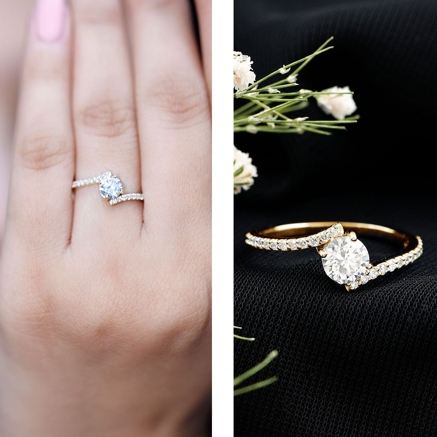 Certified Brilliant Cut Moissanite Solitaire Promise Ring with Bypass Shank