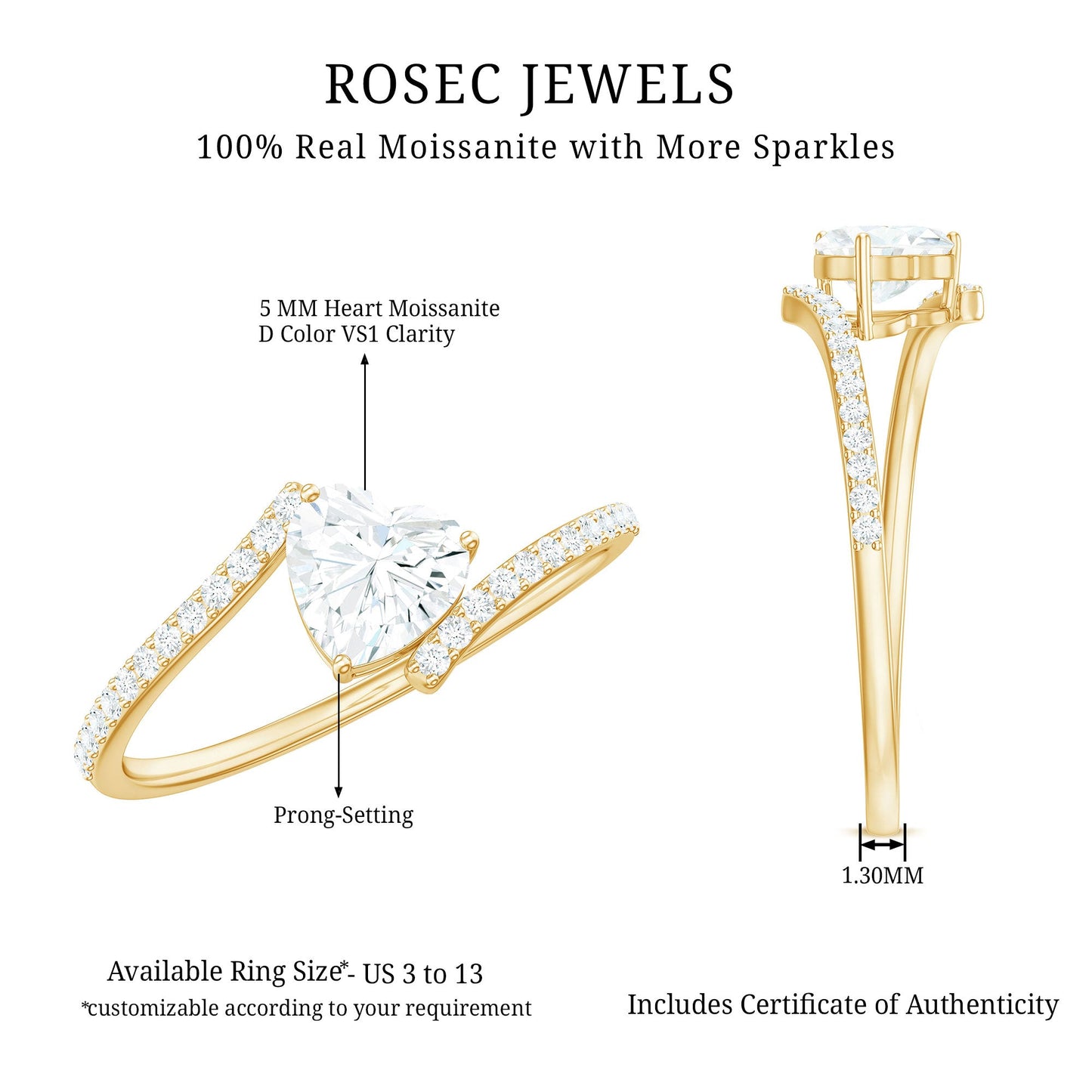 0.5 Carat Heart Shape Moissanite Promise Ring with Bypass Shank