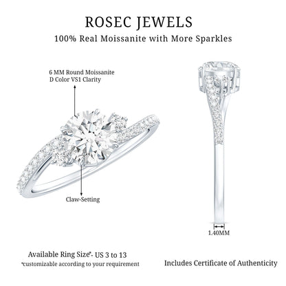 Round Shape Moissanite Bypass Engagement Ring with Side Stones