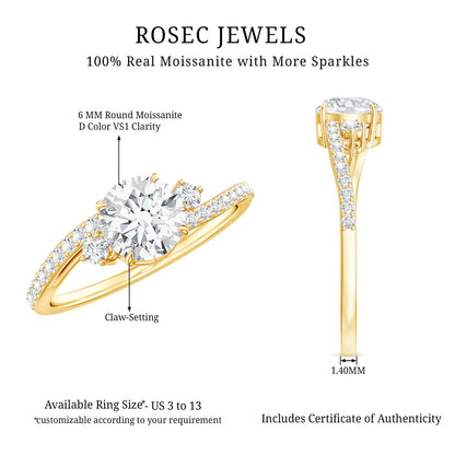 Round Shape Moissanite Bypass Engagement Ring with Side Stones