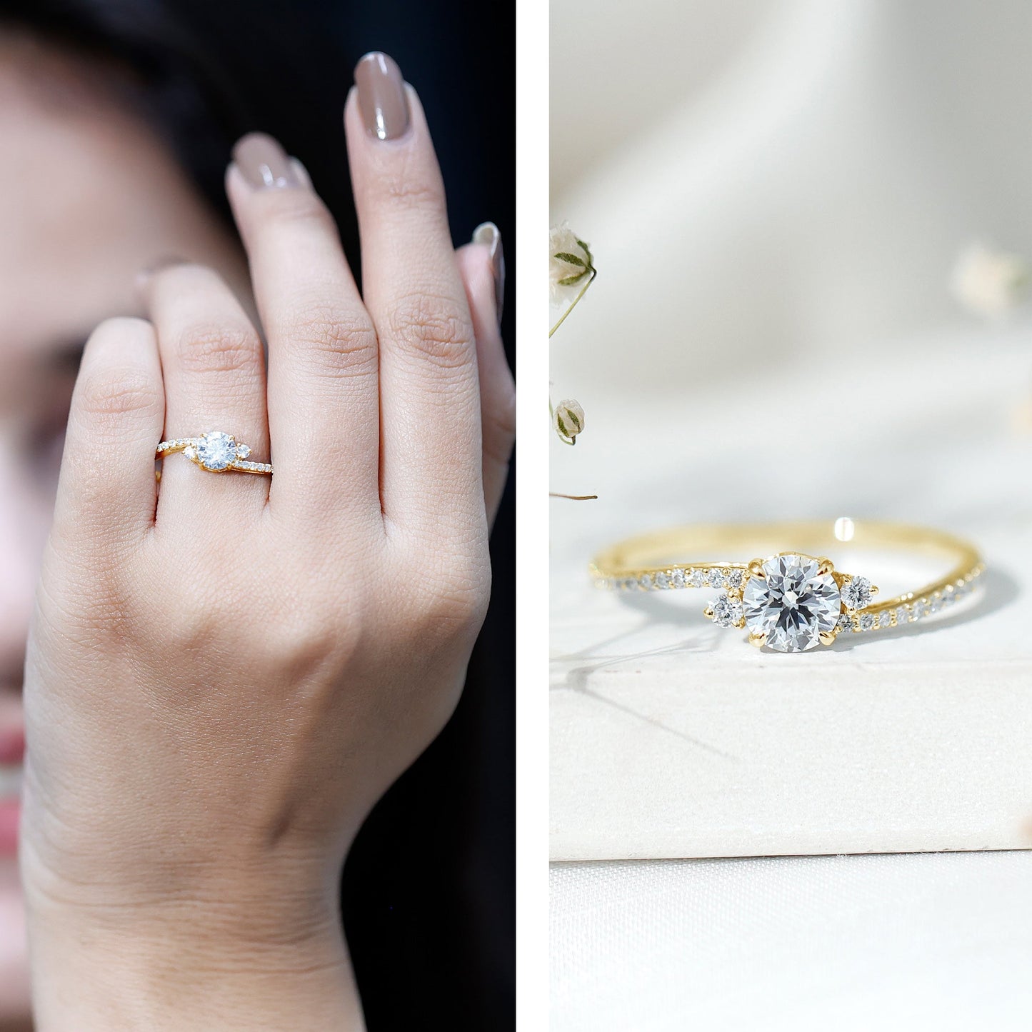 Round Shape Moissanite Bypass Engagement Ring with Side Stones