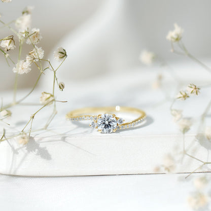 Round Shape Moissanite Bypass Engagement Ring with Side Stones