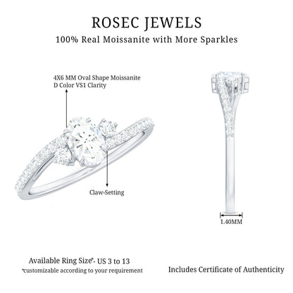 Oval Moissanite Bypass Engagement Ring with Side Stones