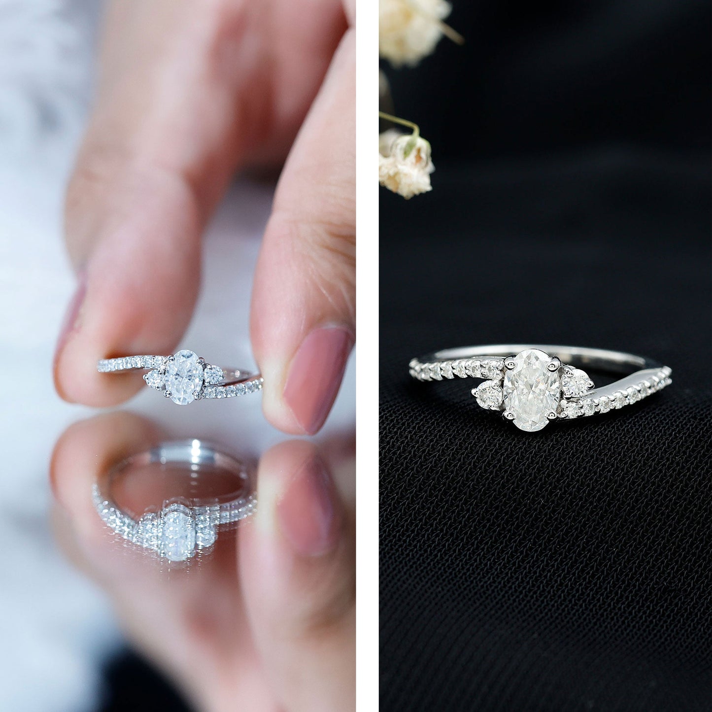 Oval Moissanite Bypass Engagement Ring with Side Stones