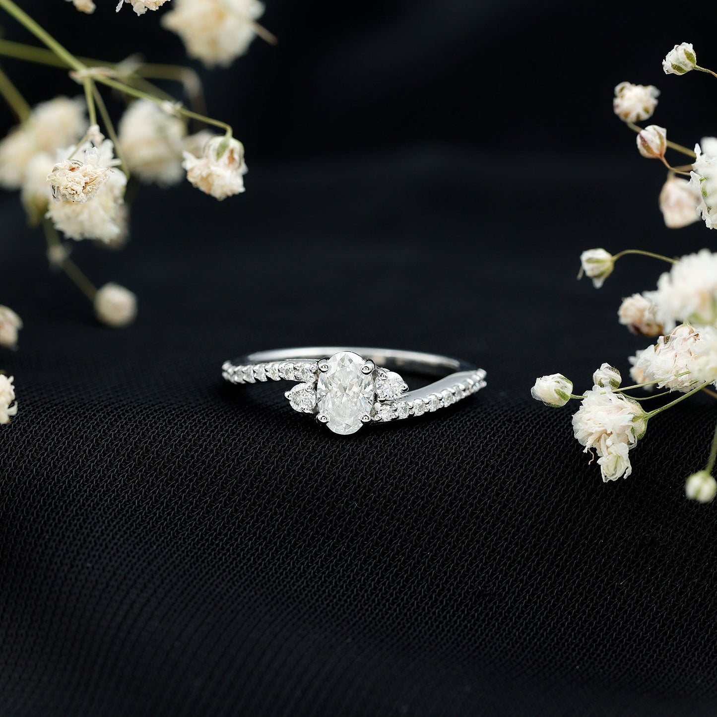 Oval Moissanite Bypass Engagement Ring with Side Stones