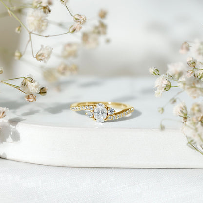 Oval Moissanite Bypass Engagement Ring with Side Stones
