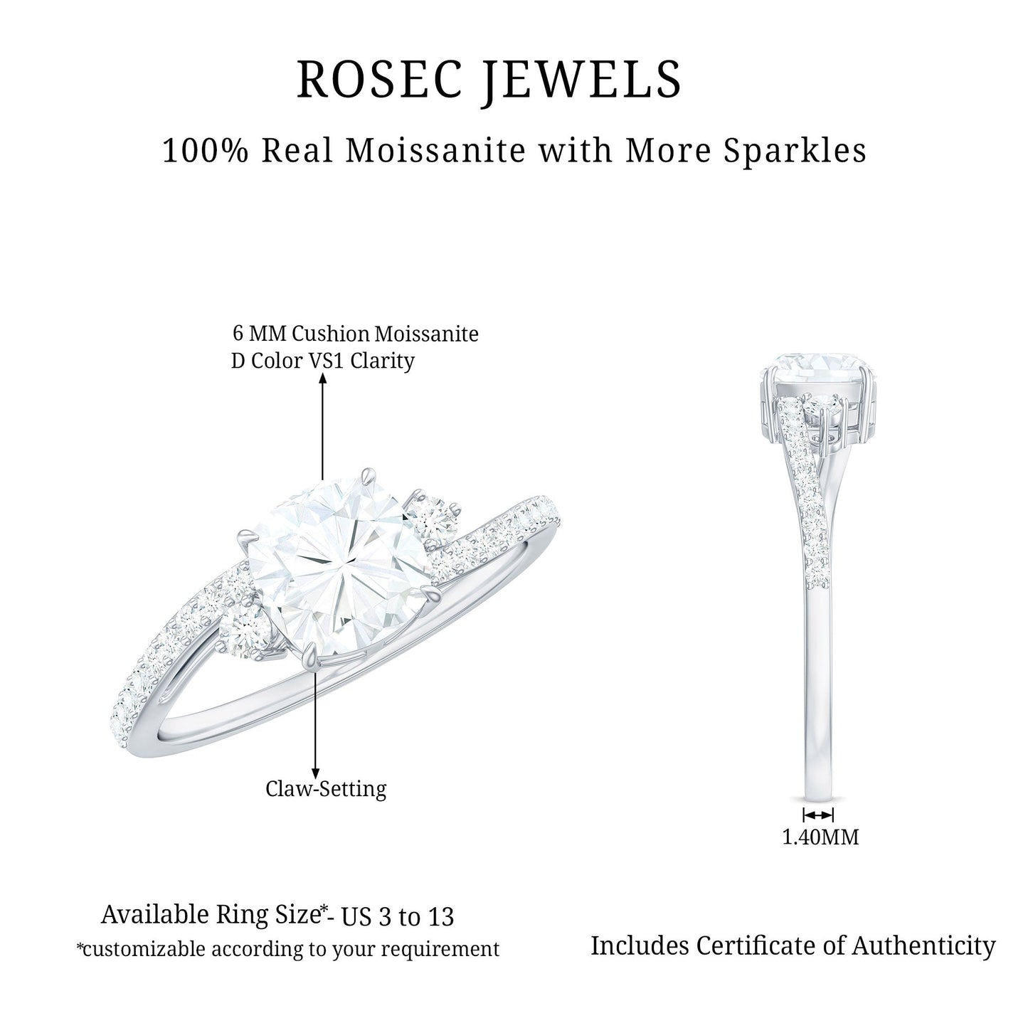 1.7 Carat Cushion Cut Moissanite Bypass Engagement Ring for Women