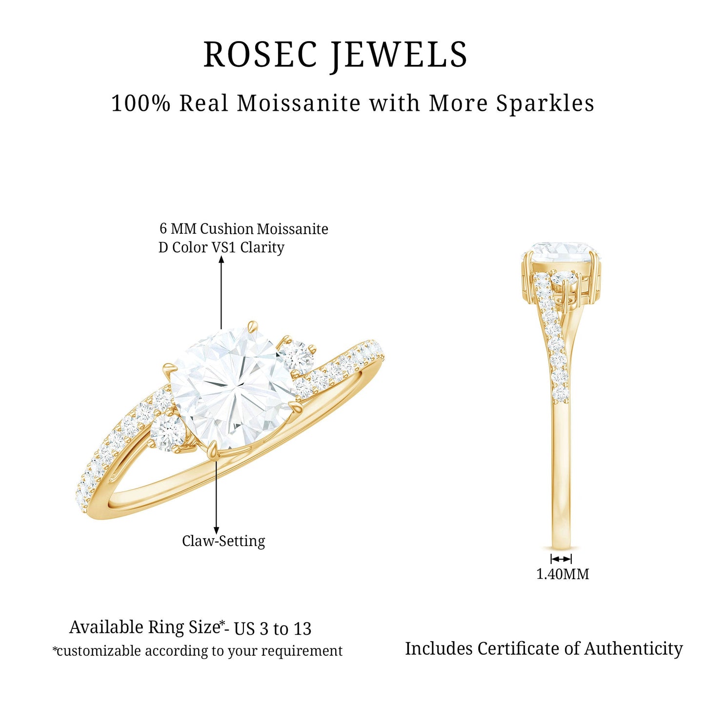 1.7 Carat Cushion Cut Moissanite Bypass Engagement Ring for Women