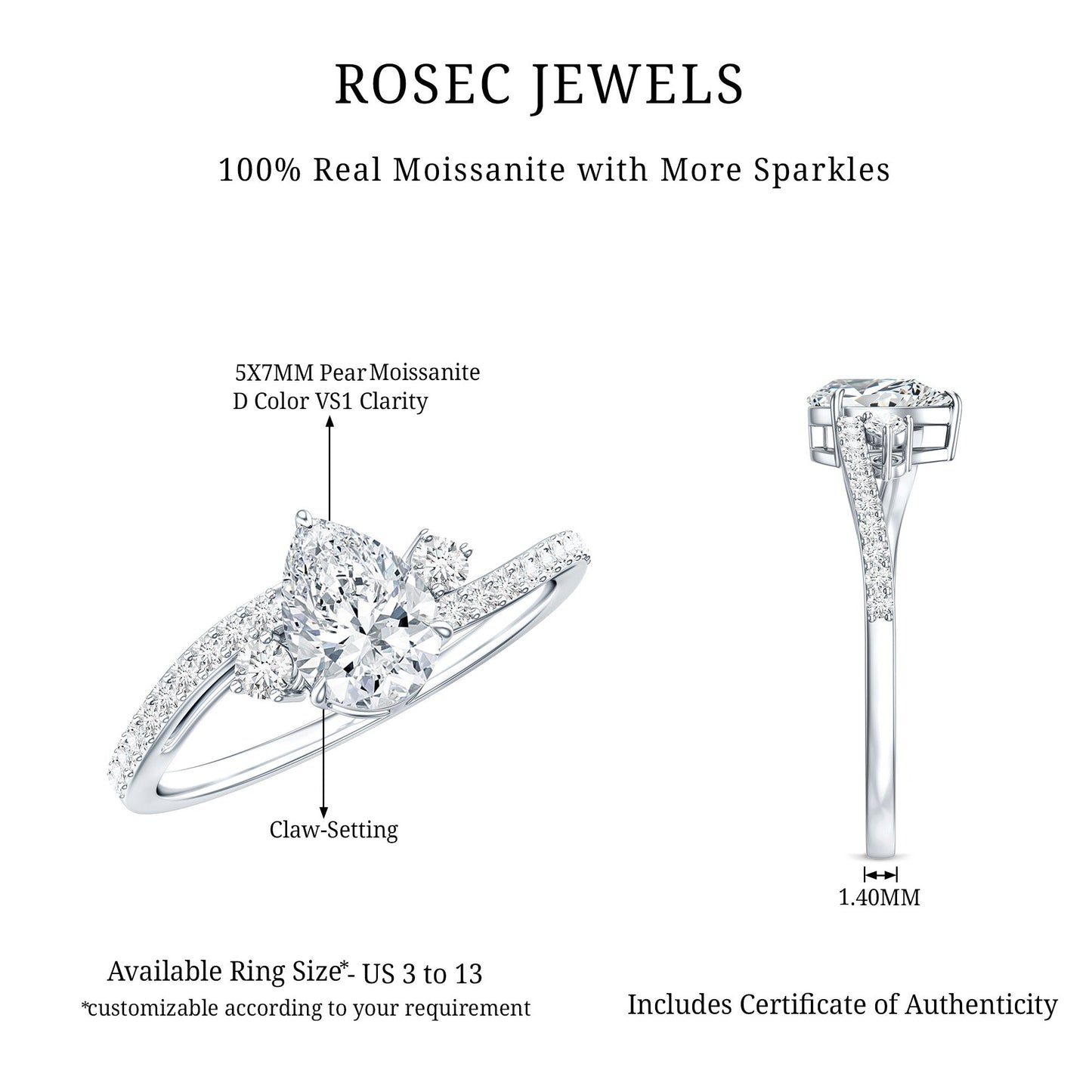 Pear Cut Moissanite Bypass Engagement Ring with Side Stones