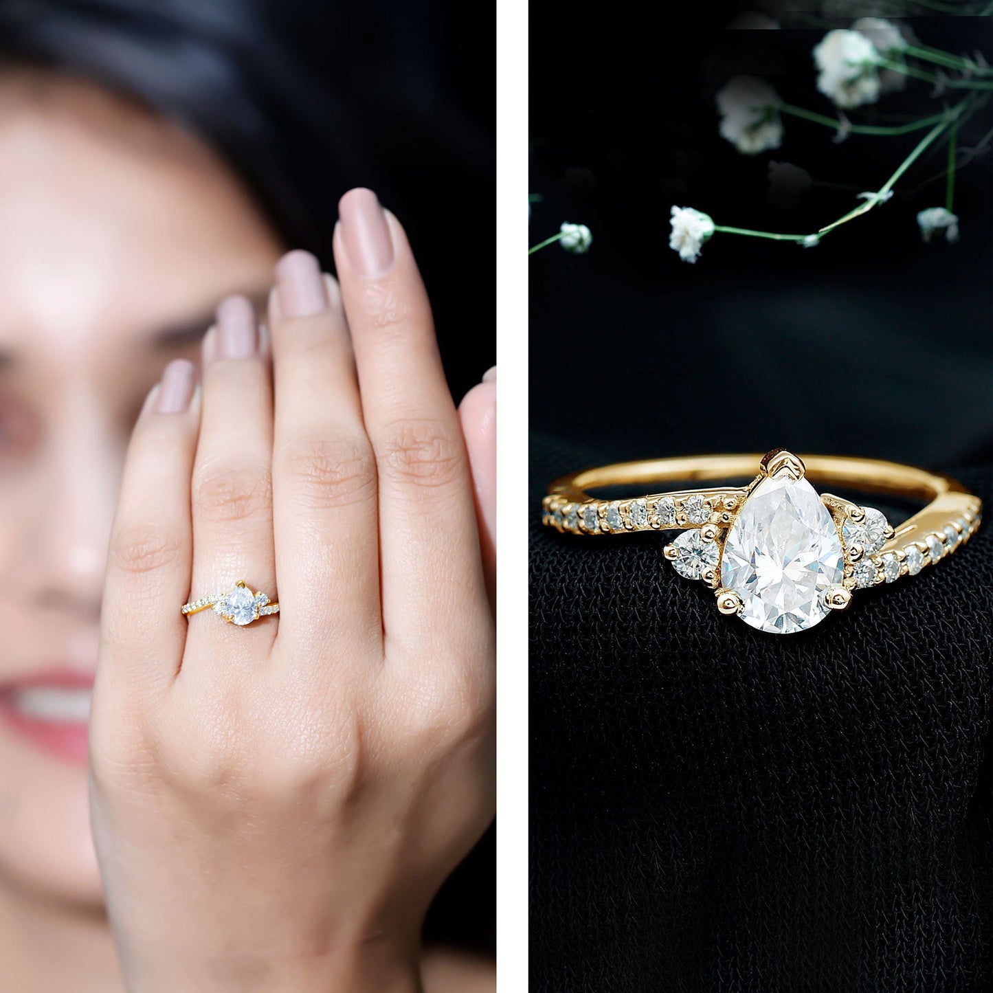 Pear Cut Moissanite Bypass Engagement Ring with Side Stones