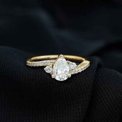 Pear Cut Moissanite Bypass Engagement Ring with Side Stones