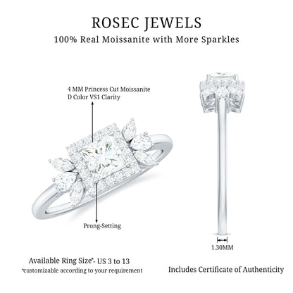 Princess Cut Moissanite Halo Engagement Ring with Certificate