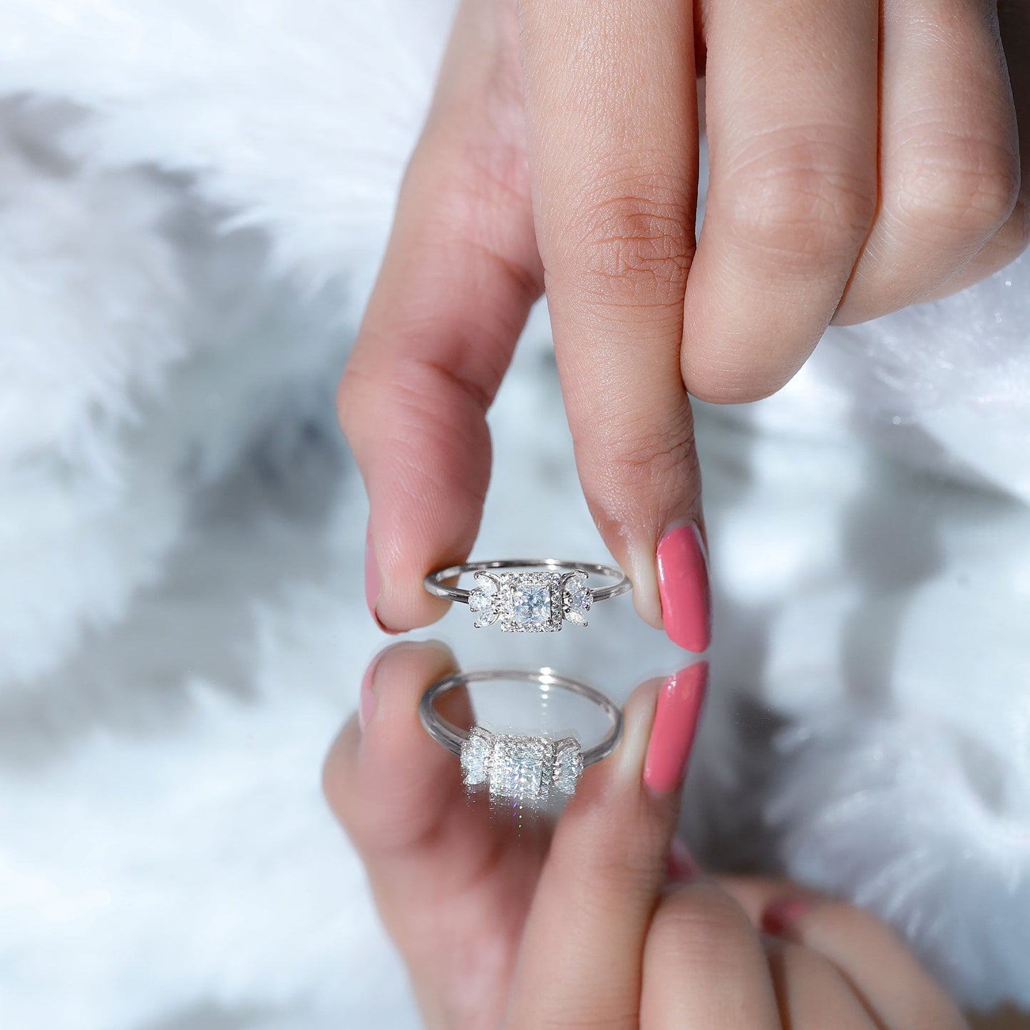 Princess Cut Moissanite Halo Engagement Ring with Certificate