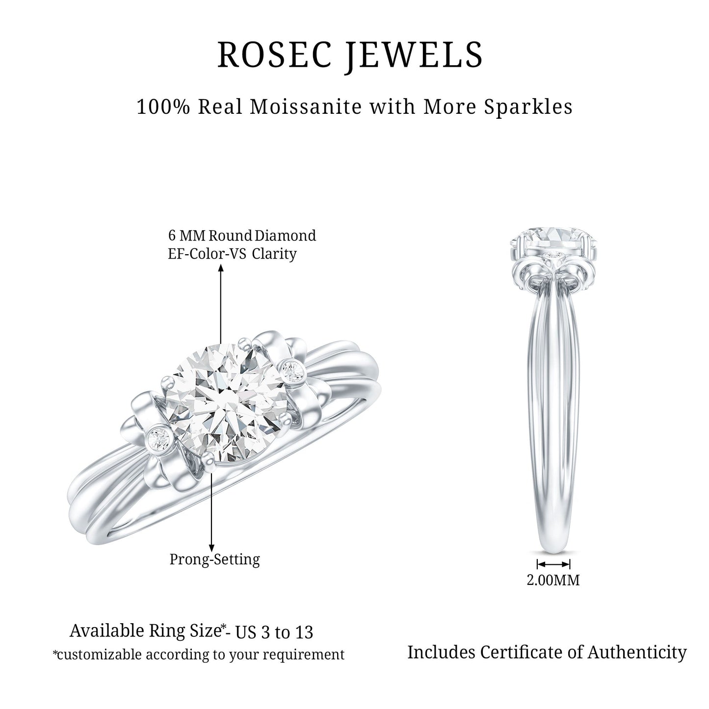 Certified Moissanite Engagement Ring with Bow Ribbon
