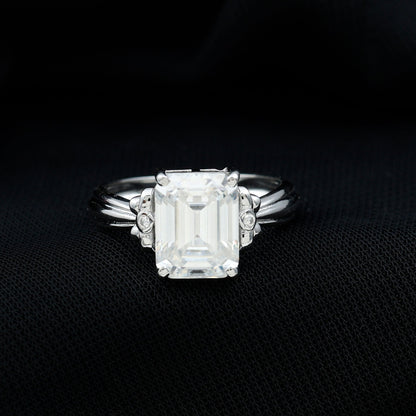 Certified Emerald Cut Moissanite Huge Engagement Ring