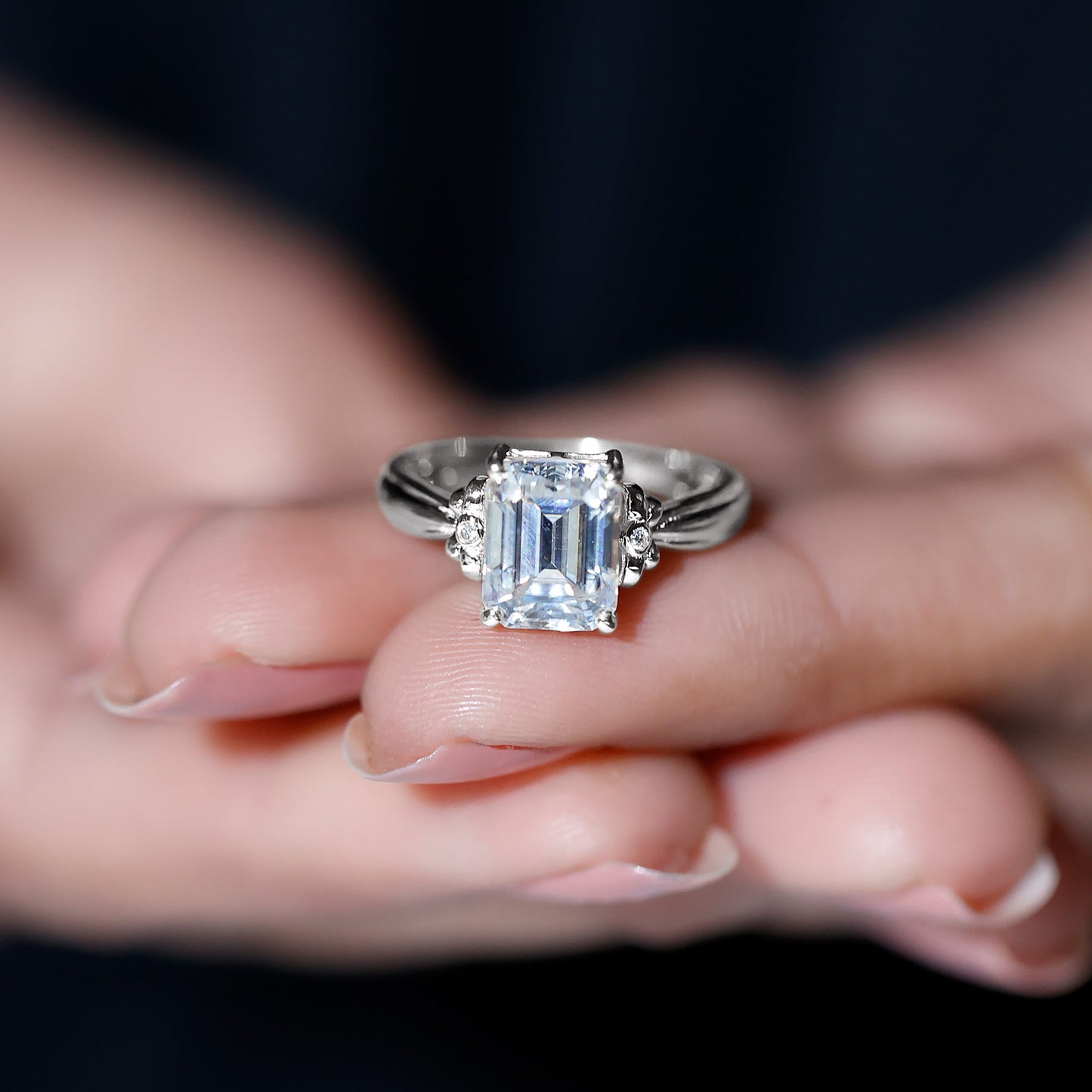 Certified Emerald Cut Moissanite Huge Engagement Ring