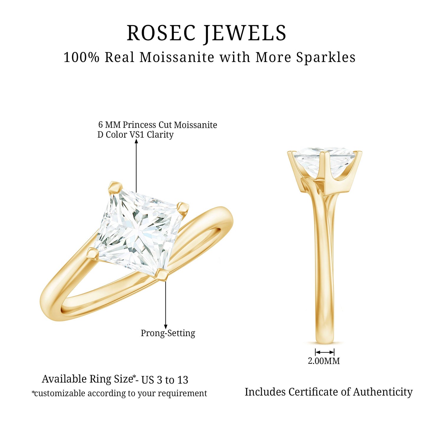 Princess Cut Moissanite Solitaire Bypass Promise Ring in Gold