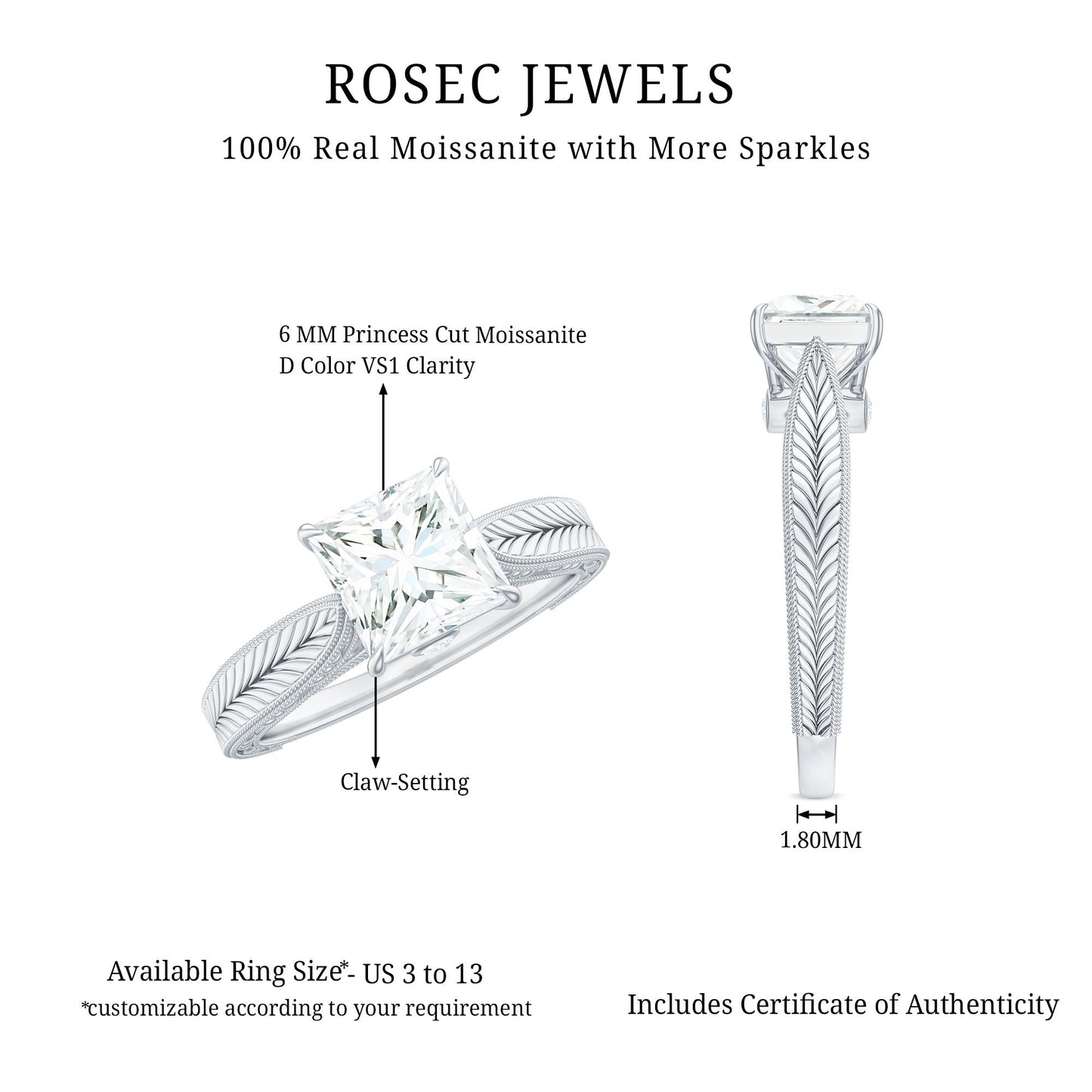 Princess Cut 1.2 Carat Moissanite Solitaire Engagement Ring