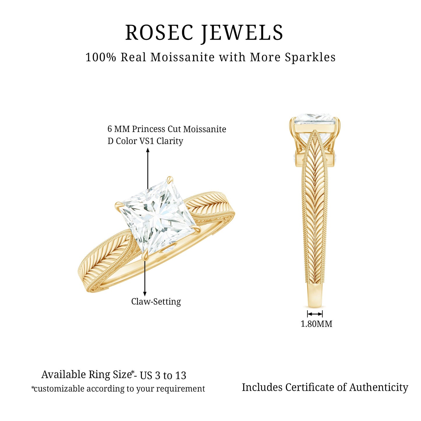 Princess Cut 1.2 Carat Moissanite Solitaire Engagement Ring