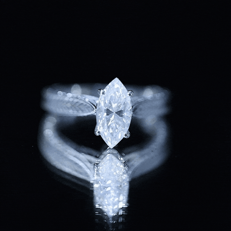 1 Carat Moissanite Marquise Engagement Ring with Leaf Engraved Shank