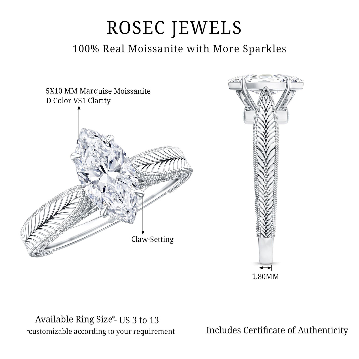 1 Carat Moissanite Marquise Engagement Ring with Leaf Engraved Shank