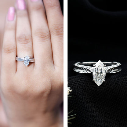 1 Carat Moissanite Marquise Engagement Ring with Leaf Engraved Shank