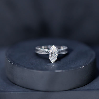 1 Carat Moissanite Marquise Engagement Ring with Leaf Engraved Shank