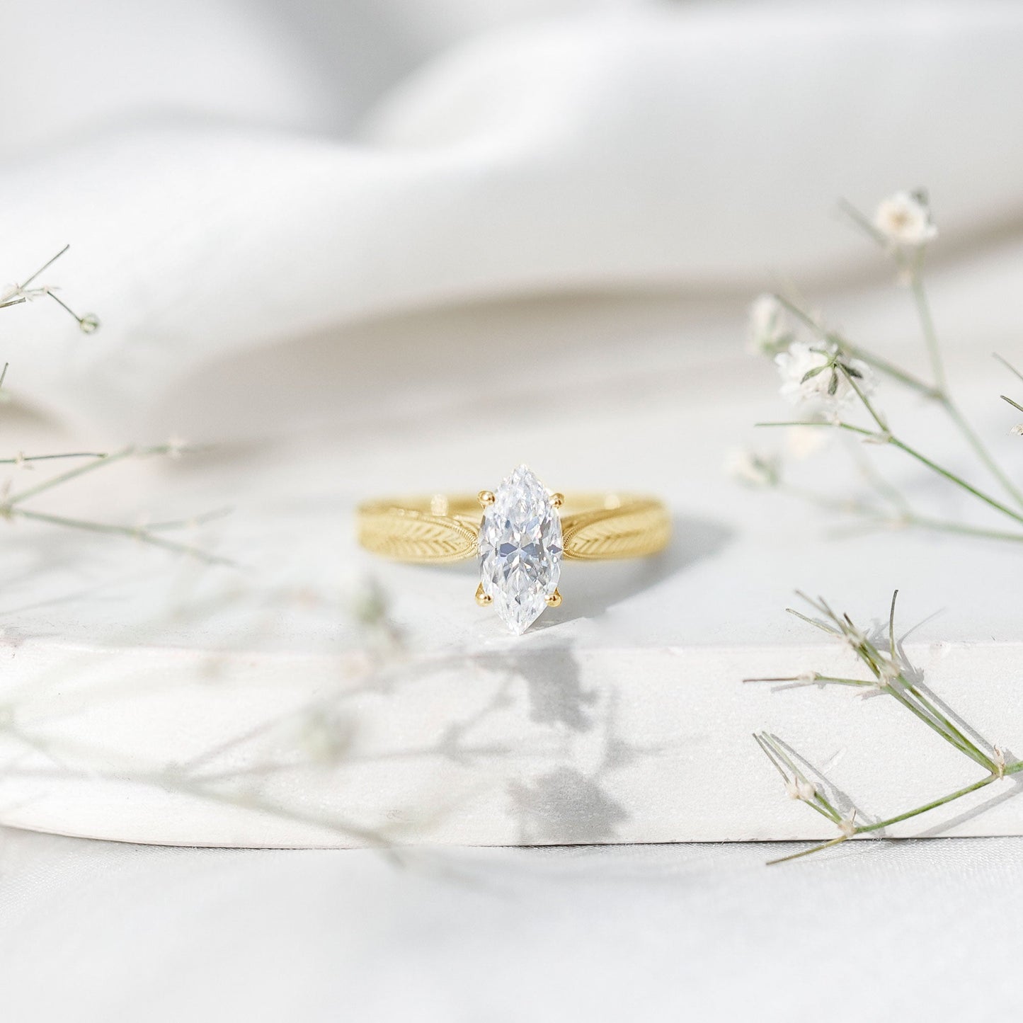 1 Carat Moissanite Marquise Engagement Ring with Leaf Engraved Shank