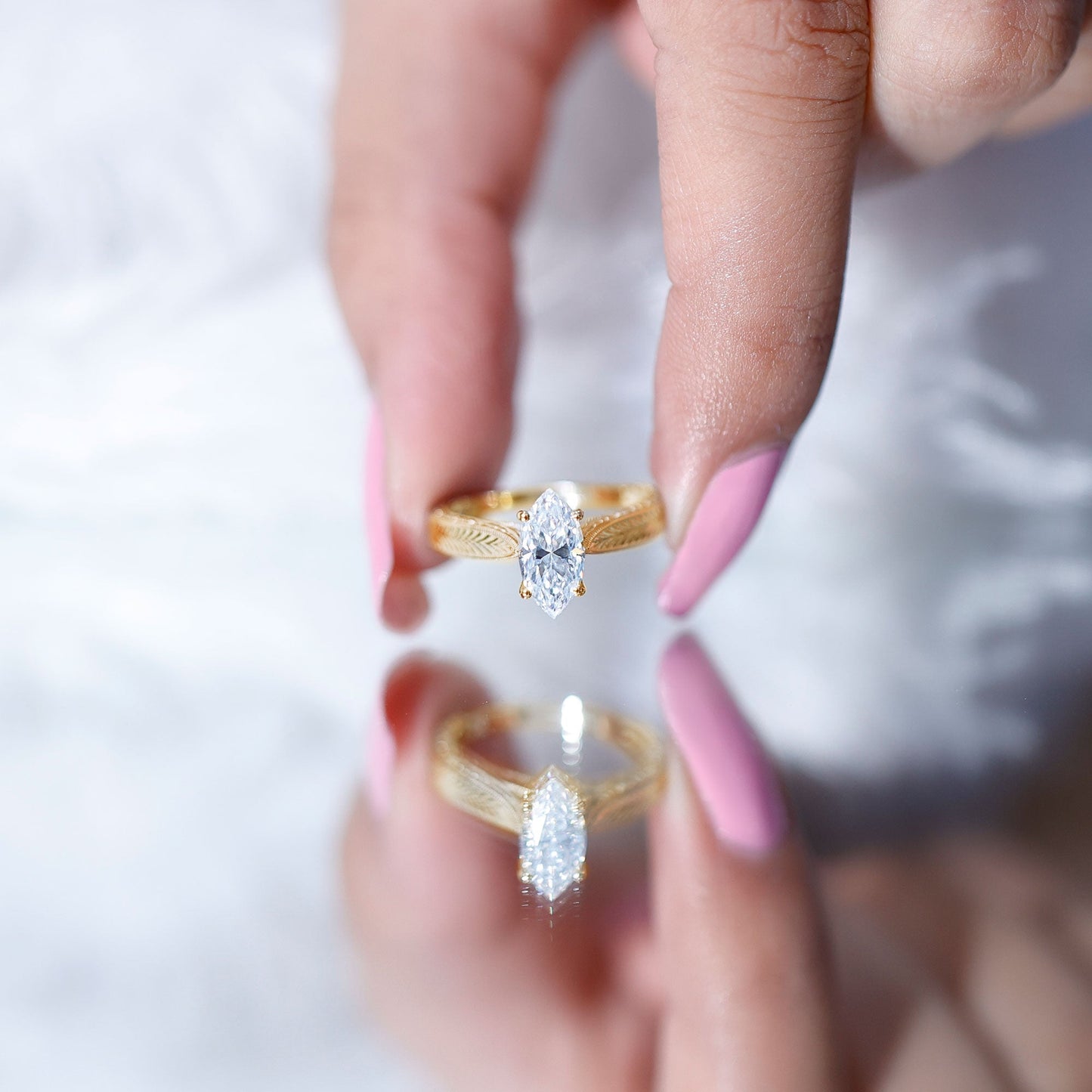 1 Carat Moissanite Marquise Engagement Ring with Leaf Engraved Shank