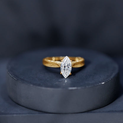 1 Carat Moissanite Marquise Engagement Ring with Leaf Engraved Shank